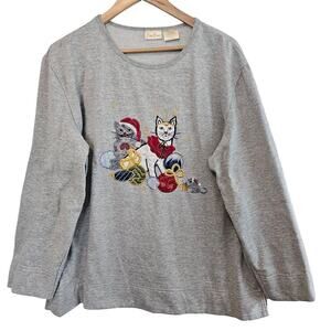 Vintage Cat Sweatshirt Women XL Gray 90s Christmas Kitten Embroidered Granny